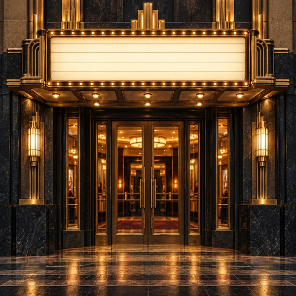 The complete Art Deco theater entrance with its glass doors unobstructed