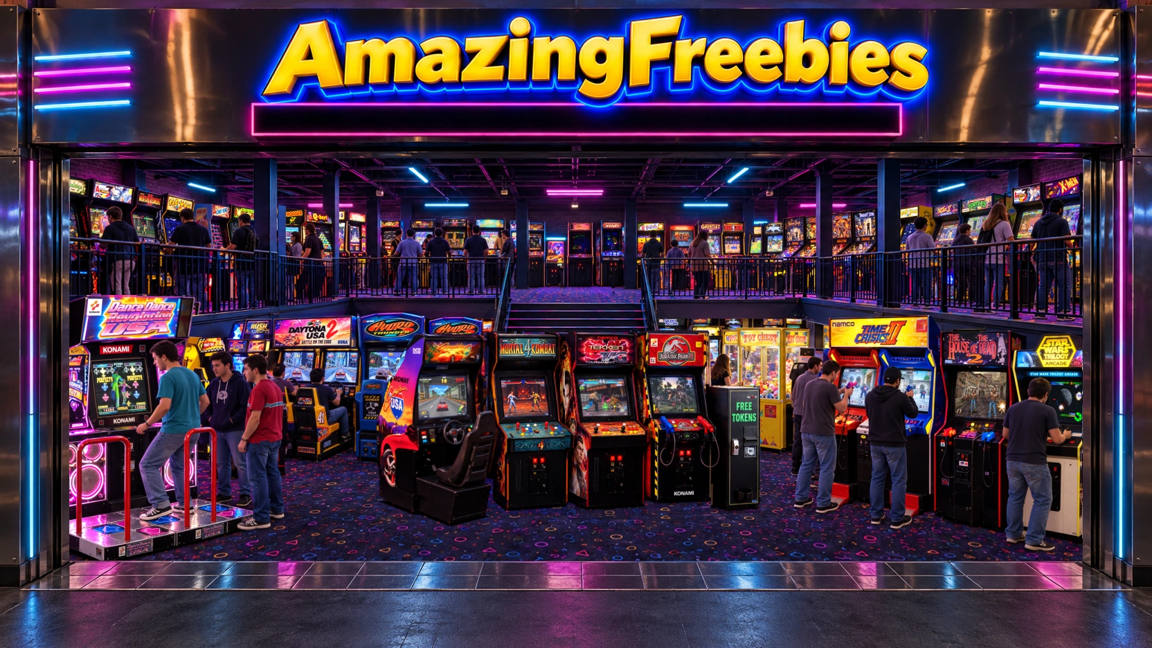A lively two-storey arcade packed with classic games, racing cabinets, claw machines and a FREE TOKENS station