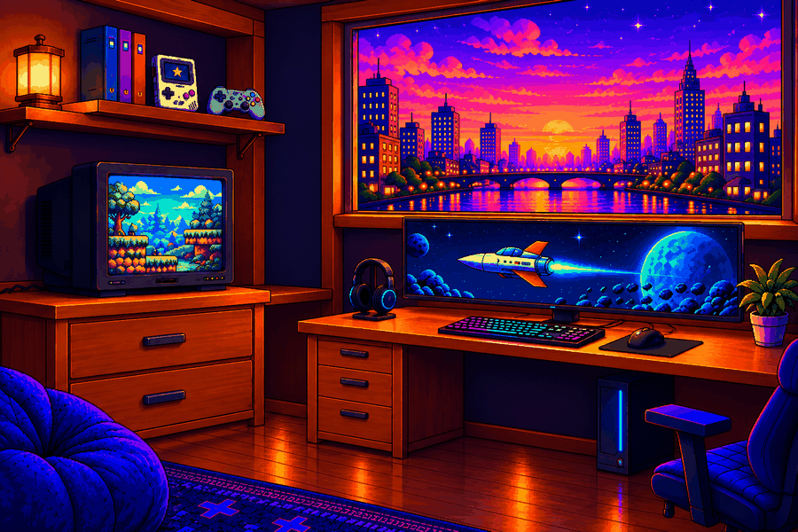 Cozy gaming room with a purple sunset, television and spacecraft monitor