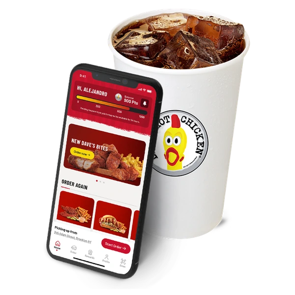 Dave’s Hot Chicken welcome-drink image showing a drink and the rewards app